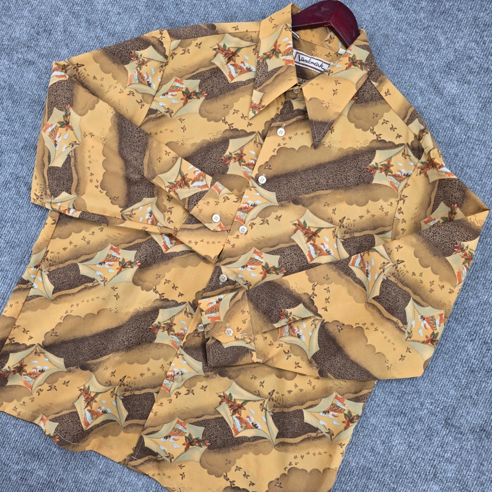 Vintage Landmark Mens XL Brown Yellow Novelty Landscape 70s Polyester Shirt